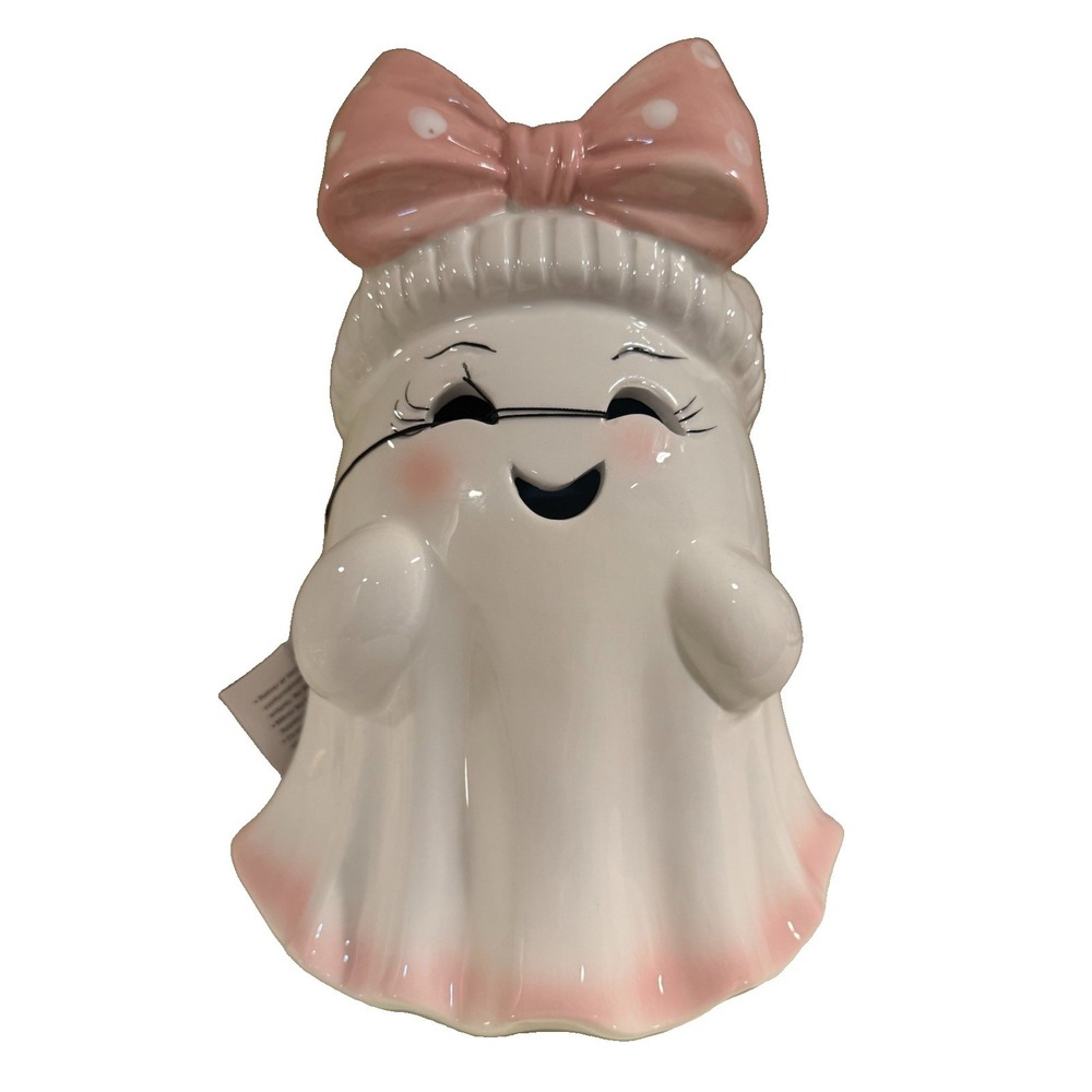 Goblin & Ghoul Ceramic Light Up Ghost Figurine Pink Bow Polka Dot Halloween 10"